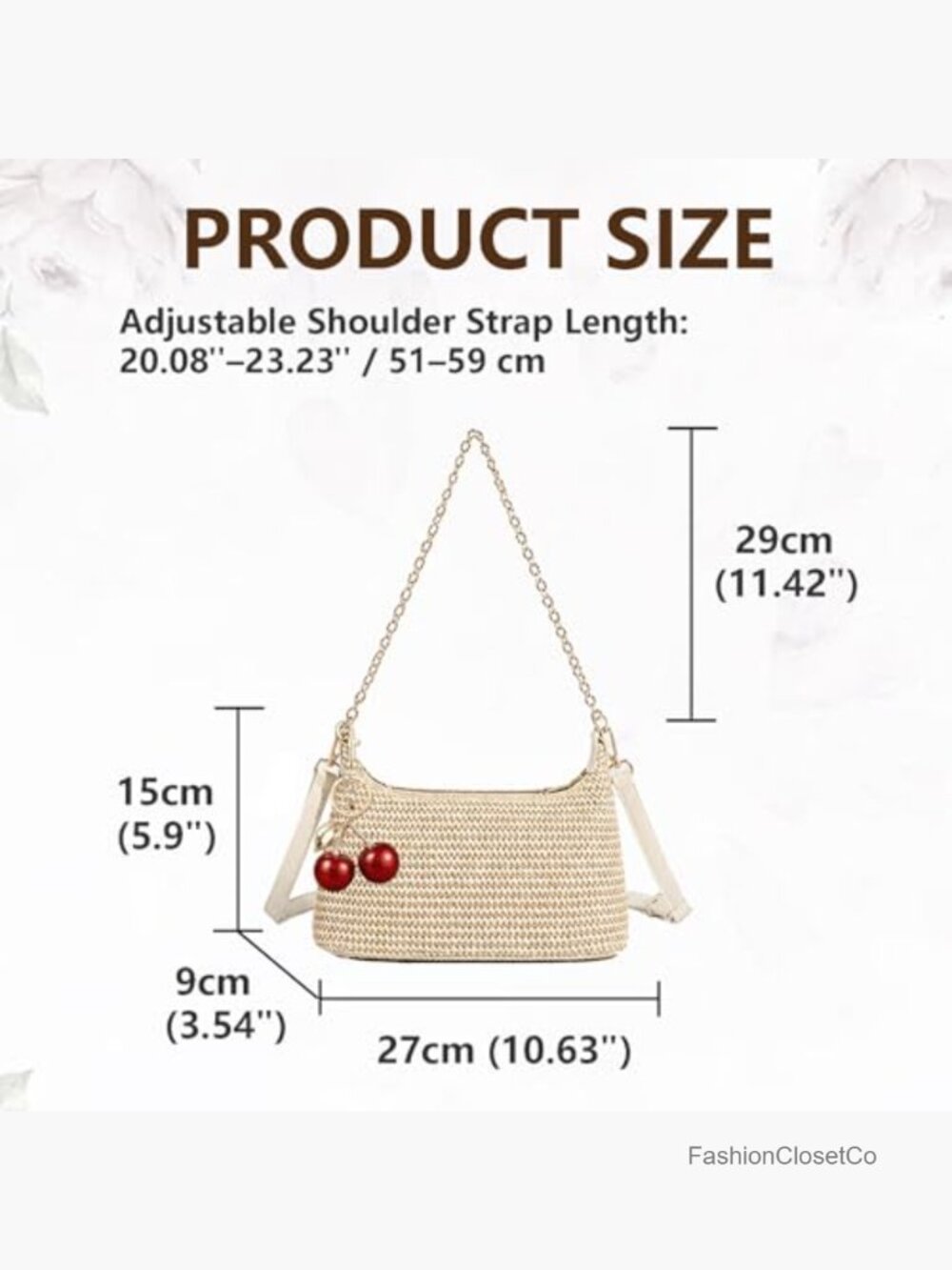 Straw Shoulder Bag with Cherry Pendant, Woven Crossbody Purse with Zipper - Picture 5 of 6